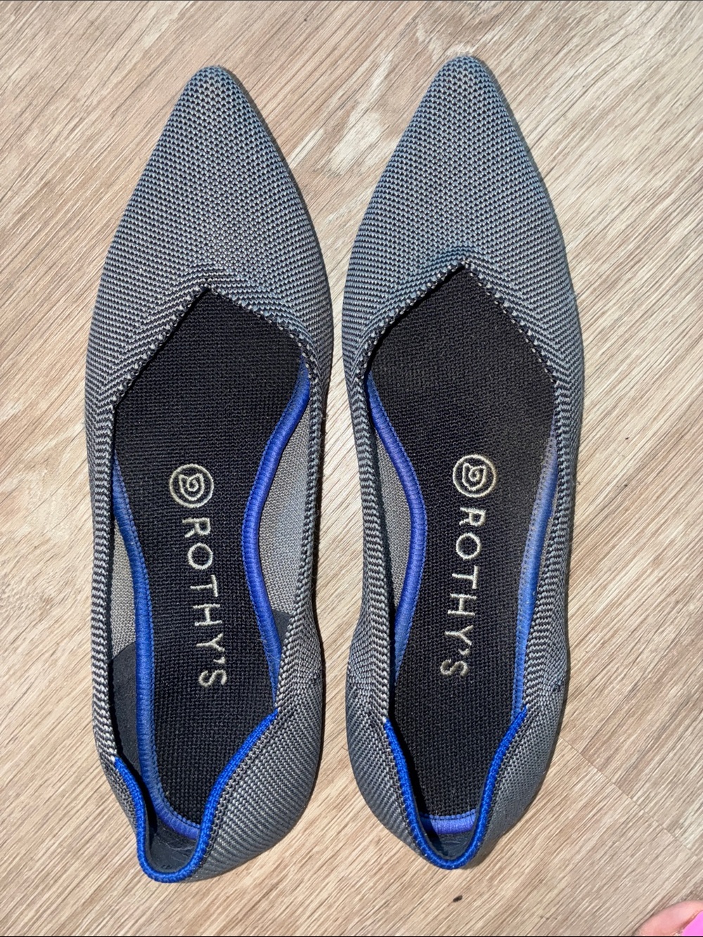 Rothy's Pointed Toe Flats in Gray with Blue Trim